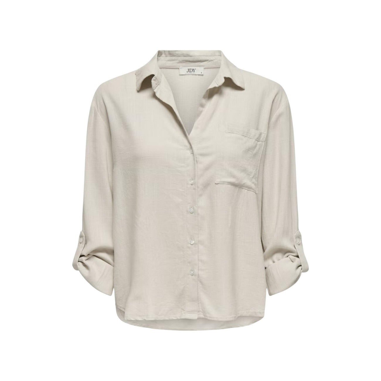 Camicia Grigia Donna in Lino e Viscosa JDY Jacqueline de Yong; Camicia fluida a maniche lunghe con taglio morbido relaxed. Scollo a V, colletto classico e stile casual-raffinato. Frontale stesa 