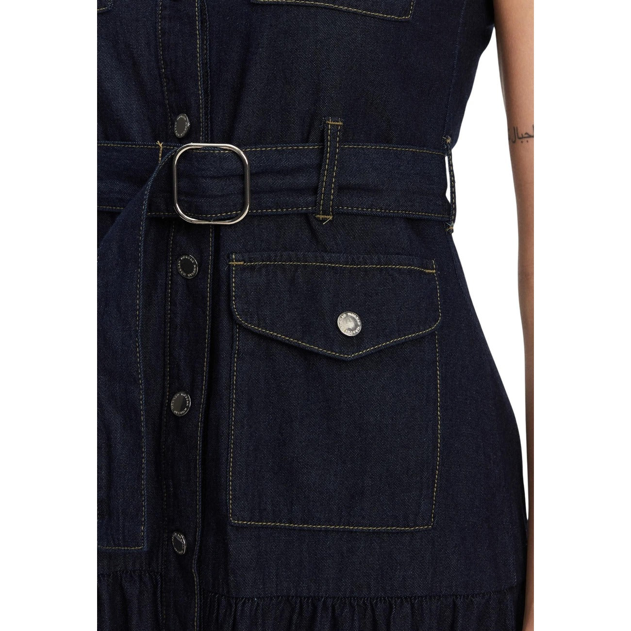 Abito Morgan De Toi donna blu midi smanicato con bottoni scollo tondo colletto classico tasche anteriori - vista dettaglio chiusura
