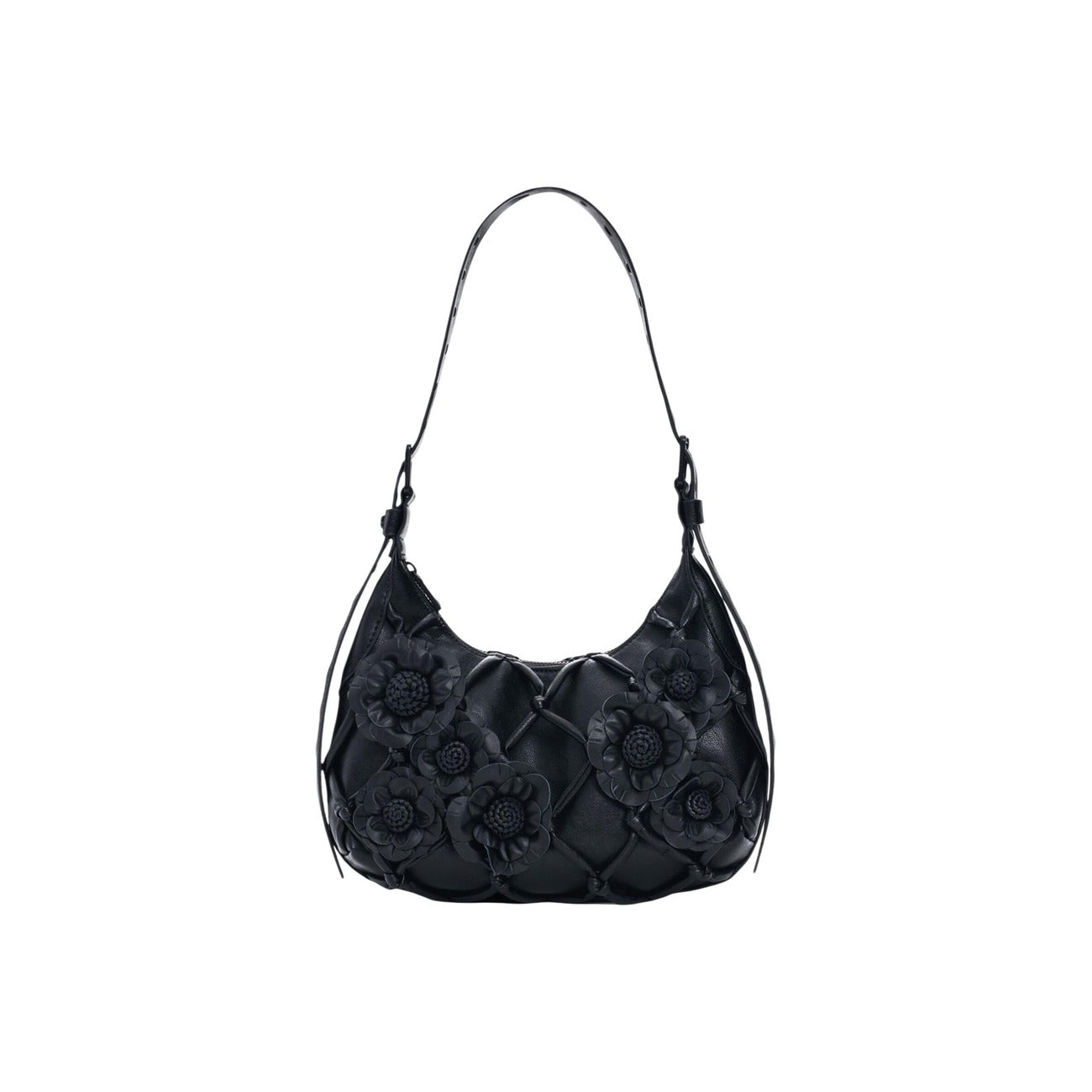 Borsa piccola con tracolla estensibile, applicazioni di fiori e dettagli di linee in stile rete, con effetto pelle a forma di rombo. Collezione SS26 Vista frontale 