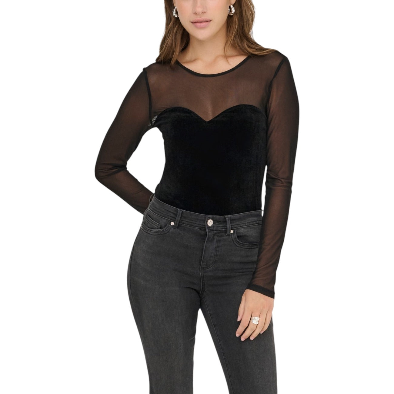 Only T-shirt Donna Nera Maniche Lunghe Scollo Tondo - T-shirt Poliestere Elastan