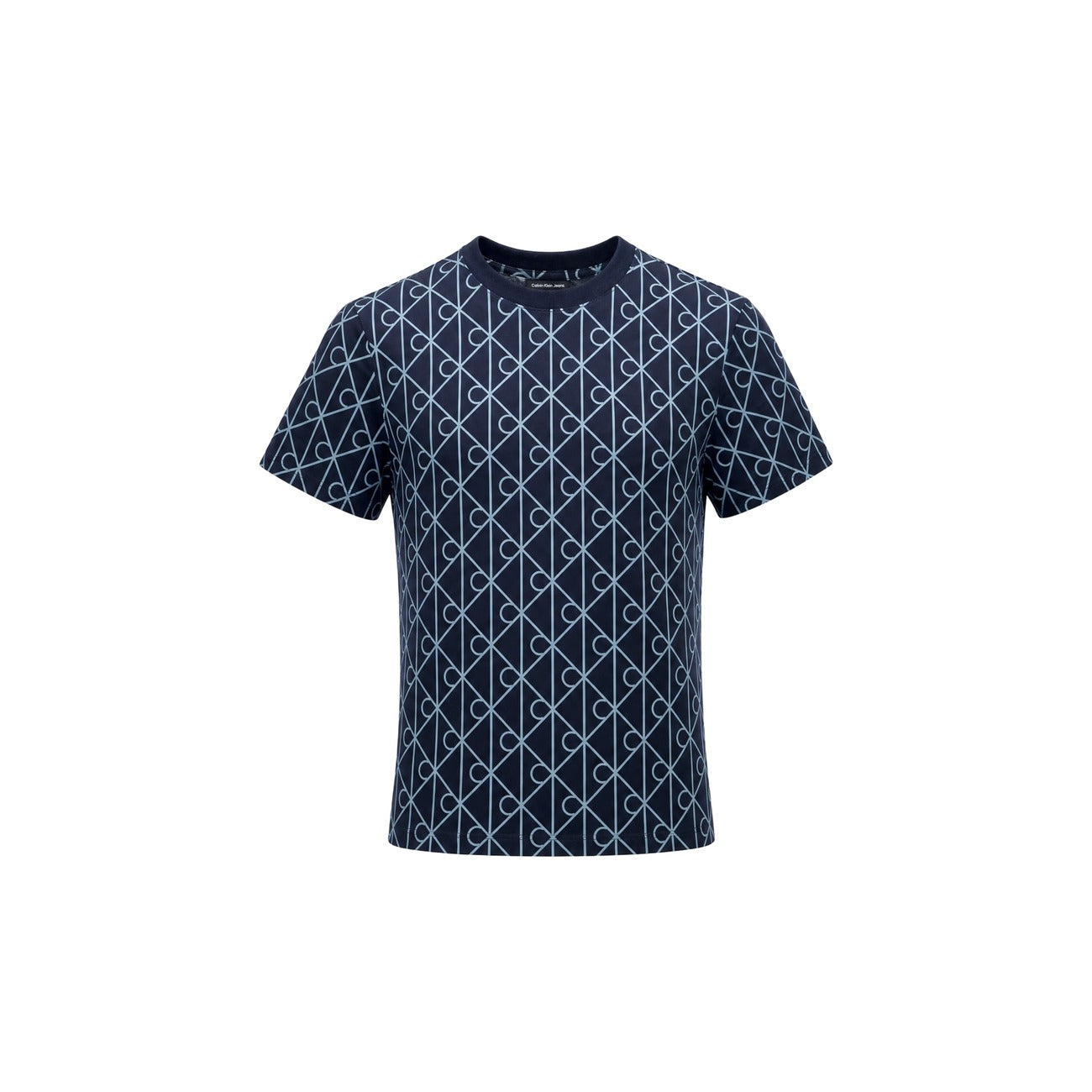 T-shirt Donna Blu Calvin Klein Jeans; 100% Cotone. Taglio regular fit, maniche corte e scollo a girocollo. Fantasia geometrica all-over multilogo CK, tessuto leggero e traspirante stile casual-chic. Vista frontale stesa 