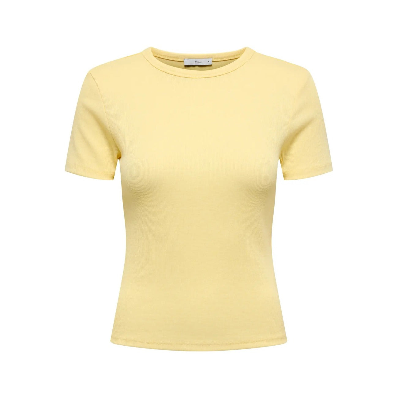 T-shirt Donna Only; Maglietta a maniche corte aderente tight fit in misto viscosa e poliestere stretch. Scollo paricollo tondo, stile casual-luxury essenziale per la primavera e l'estate. Giallo 