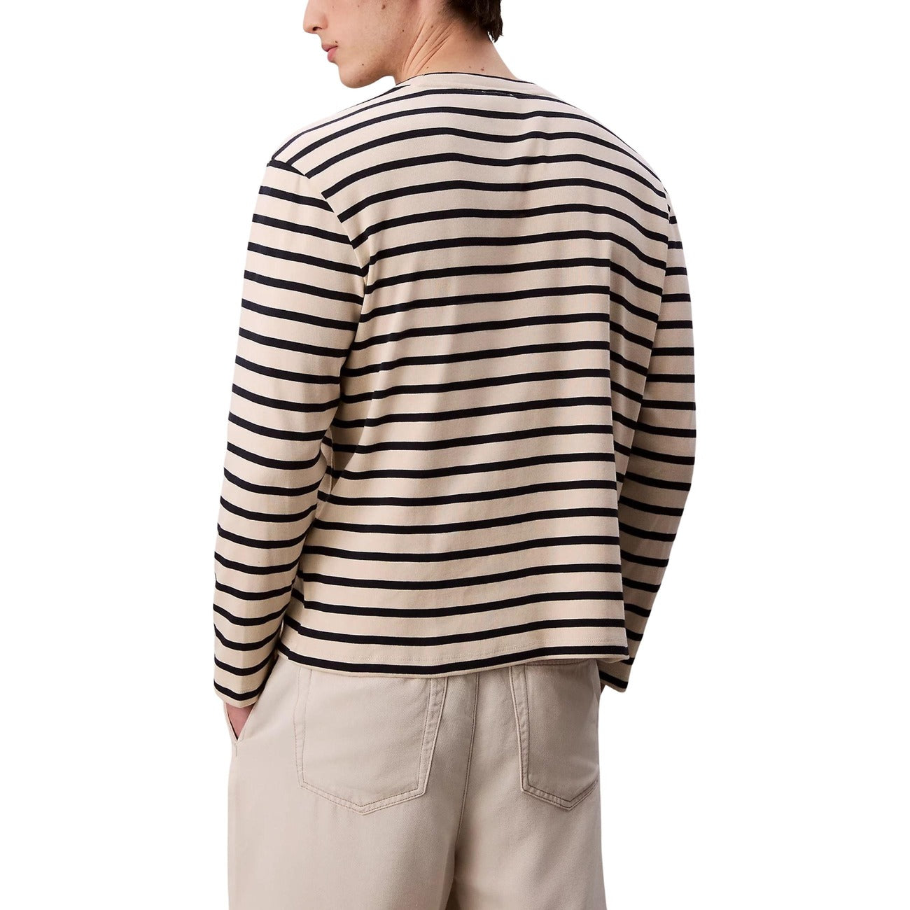 Calvin Klein Jeans T-Shirt Uomo Bianco Righe Manica Lunga Scollo Tondo Cotone Elastan Autunno Inverno LV14LC207G