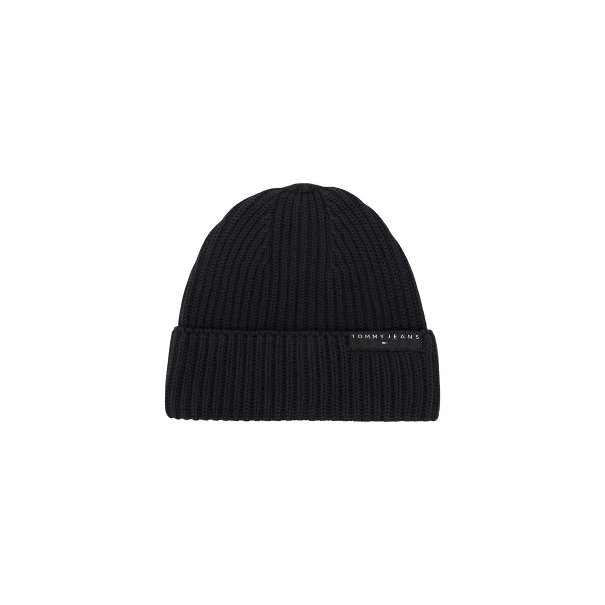 Berretto cotone uomo Tommy Jeans AM0AM14865C1G. Cappello da cuffia a coste in puro cotone blu e nero con risvolto e scritta logo Tommy Jeans.
