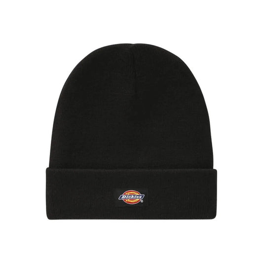 Berretto nero Dickies Gibsland DK0A4X7K. Cappello da cuffia invernale unisex in morbida maglia acrilica anti-pelucchi nera con risvolto e patch logo Dickies.
