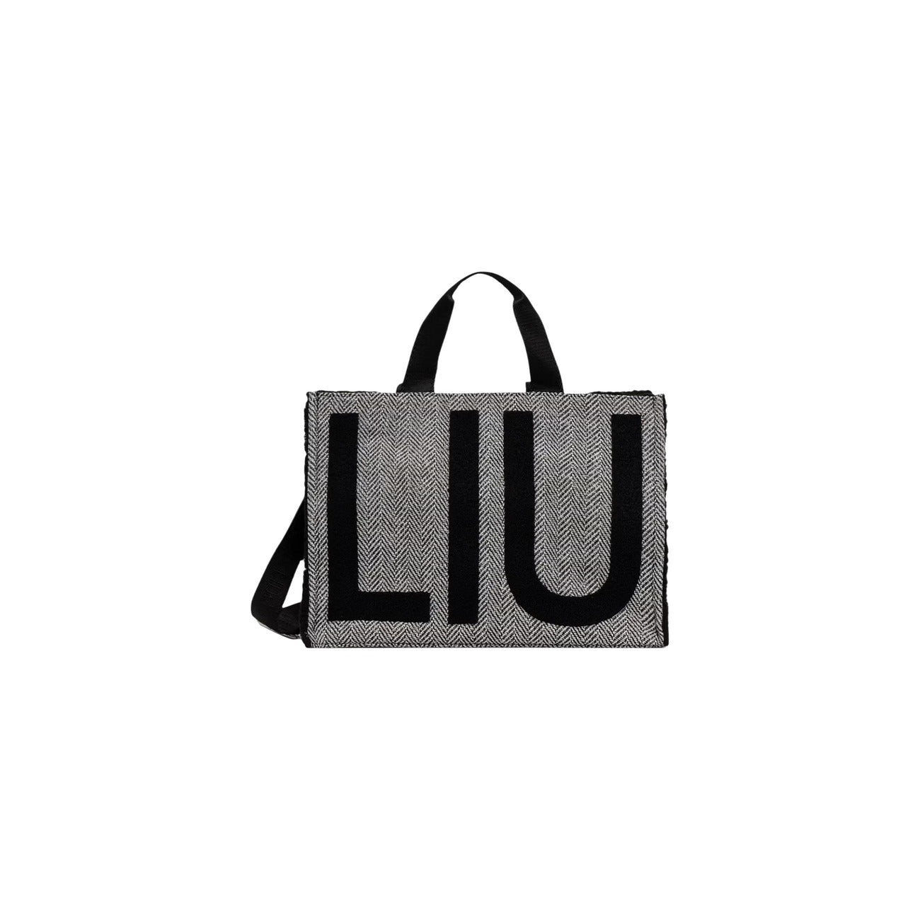 Borsa shopper Liu-Jo nera spina di pesce 2F6037 T0300. Borsa da donna nera in tessuto spigato con maxi logo contrasto, doppi manici, tracolla staccabile e chiusura zip, borsa capiente da lavoro e quotidiana 4 stagioni.