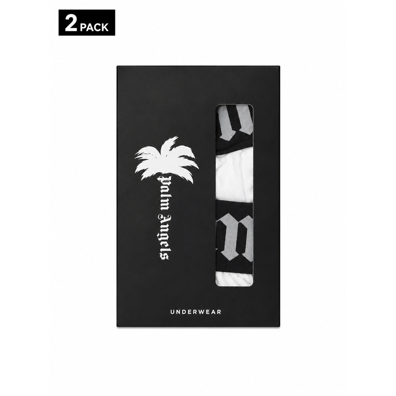 Set 2 Boxer Palm Angels; Bianco/Nero. Fascia logata iconica, cotone elasticizzato premium, vestibilità aderente. Il tocco streetwear definitivo per l'intimo quotidiano. Confezione 