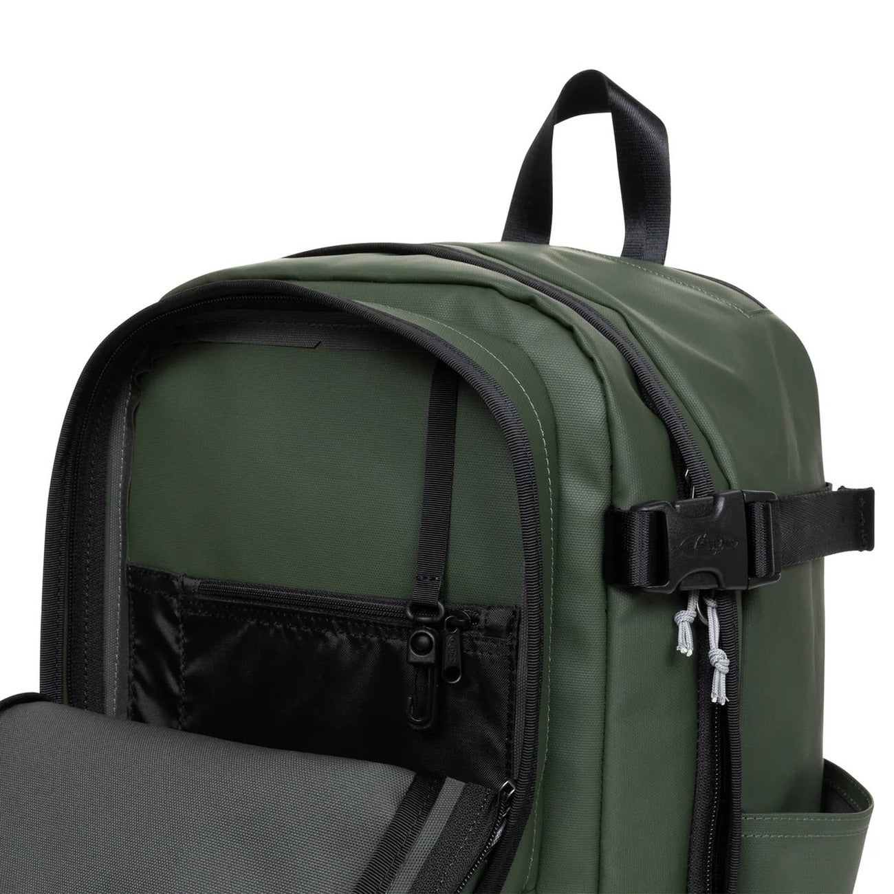 Zaino Medio Verde Eastpak Bagaglio a Mano; 40x25x20 cm. Poliestere idrorepellente, tasca laptop 15" e portaborraccia. Organizer, fascia trolley e dettagli catarifrangenti. Vista aperta 
