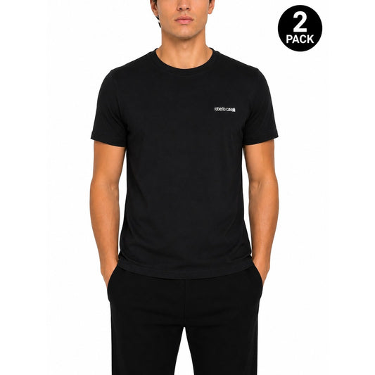Pack T-shirt Intime Nere Uomo Roberto Cavalli; Tessuto 95% cotone e 5% elastan. Taglio stretch anatomico, scollo girocollo e maniche corte. Logo sul petto e monogramma RC sulla manica, stile luxury continuativo. Vista frontale 