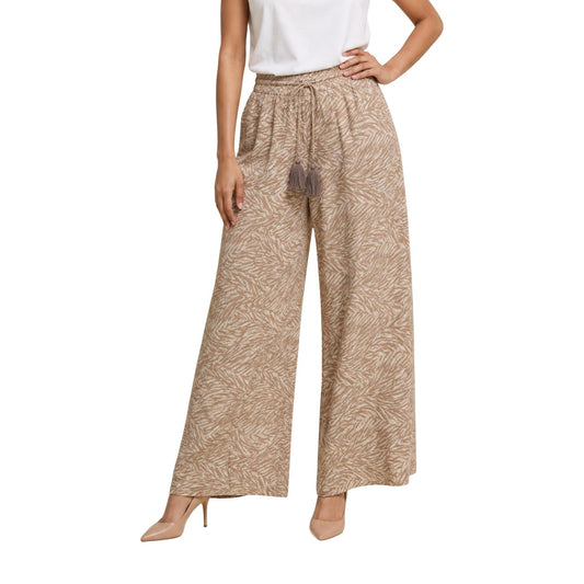 Pantaloni Ampi Beige Ayfee; Misto Seta. Vita elastica con coulisse e nappine, tasche laterali, stampa grafica. Tessuto leggero, fresco e fluido per un look di tendenza.