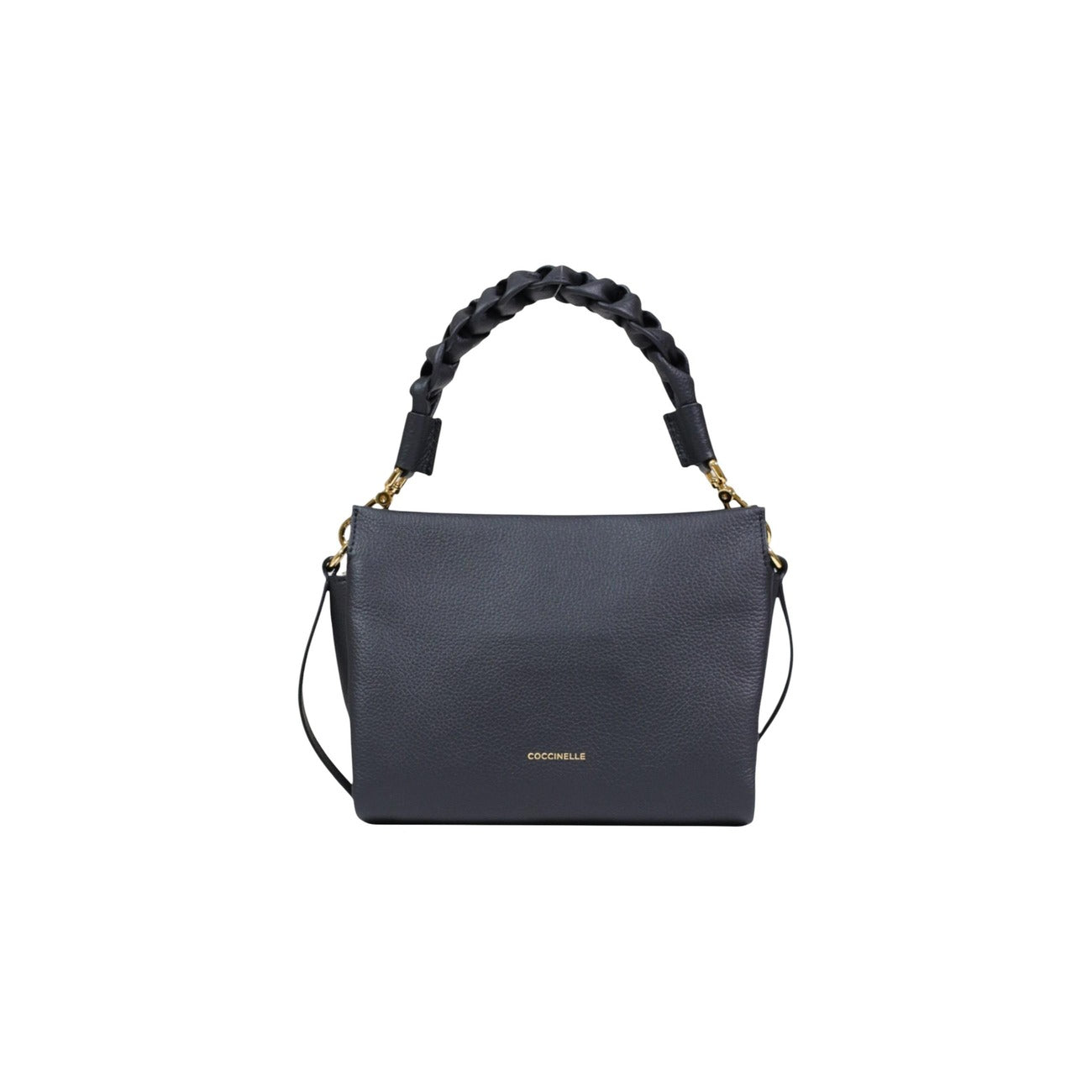 Coccinelle Boheme Grana Double; borsa nera media in pelle, manico intrecciato, tracolla removibile. Qualità artigianale italiana e design funzionale.