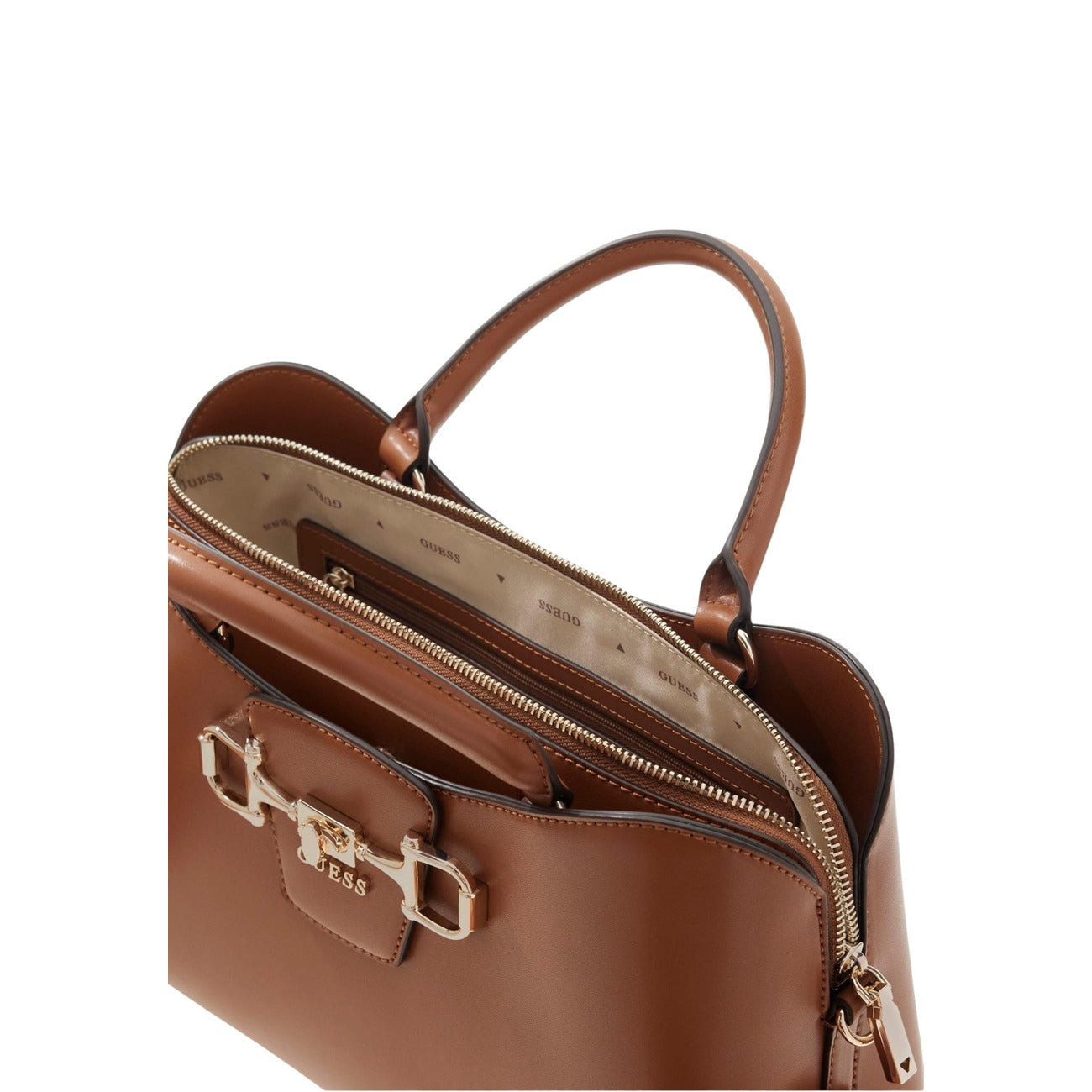borsa a mano Guess Janie Girlfriend Satchel in ecopelle marrone/cuoio vista frontale dall’alto 