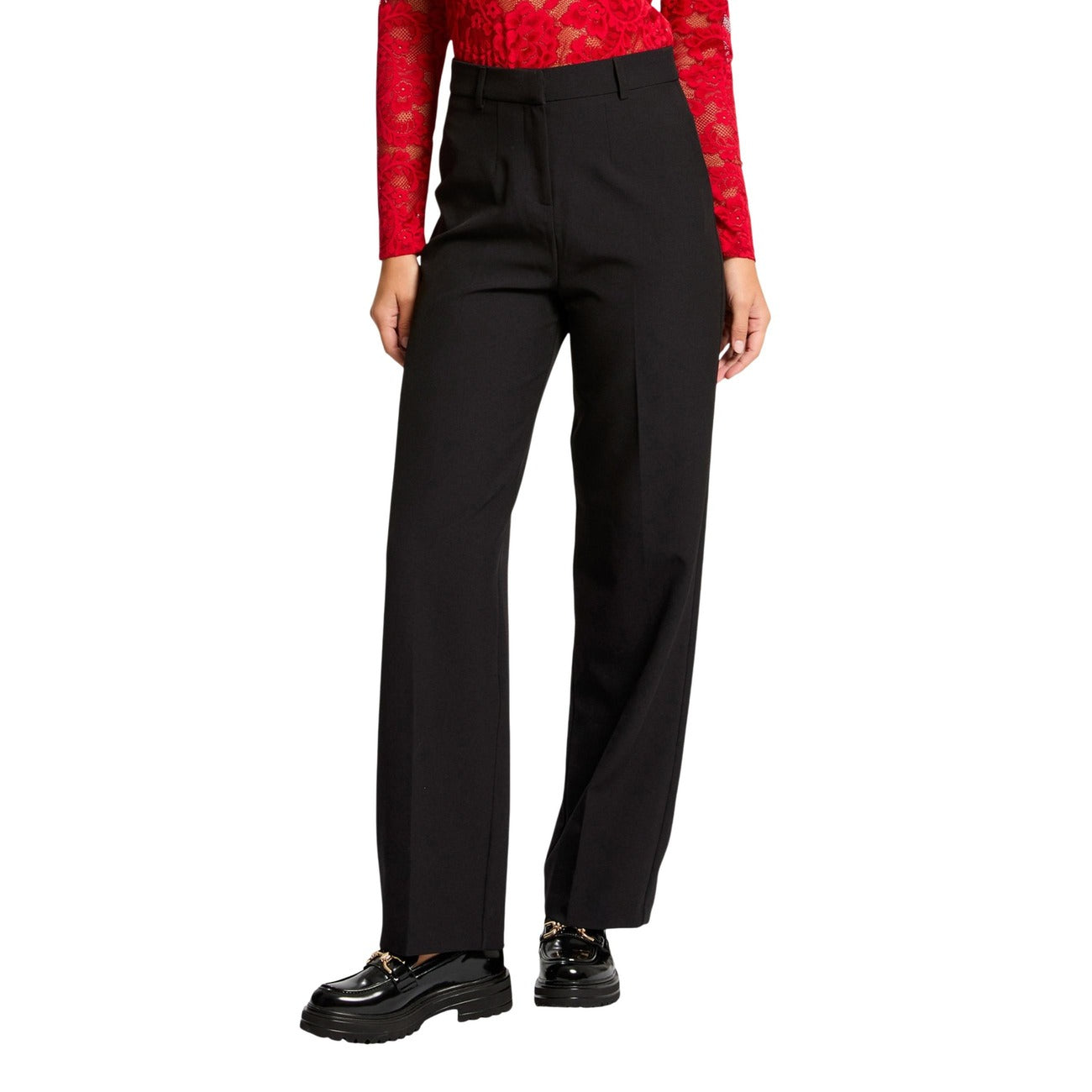 Pantaloni Morgan De Toi donna neri con elastico in vita 91% poliestere 4% elastan - vista frontale indossata da modello figura intera
