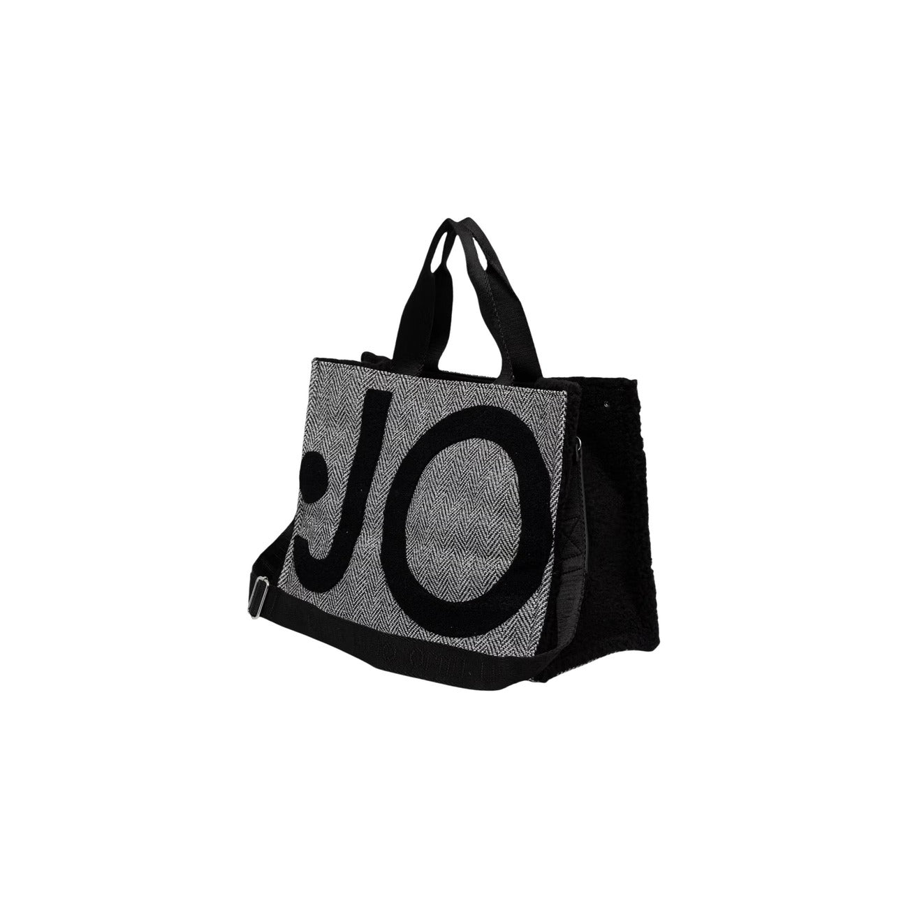 Borsa shopper Liu-Jo nera spina di pesce 2F6037 T0300. Borsa da donna nera in tessuto spigato con maxi logo contrasto, doppi manici, tracolla staccabile e chiusura zip, borsa capiente da lavoro e quotidiana 4 stagioni.