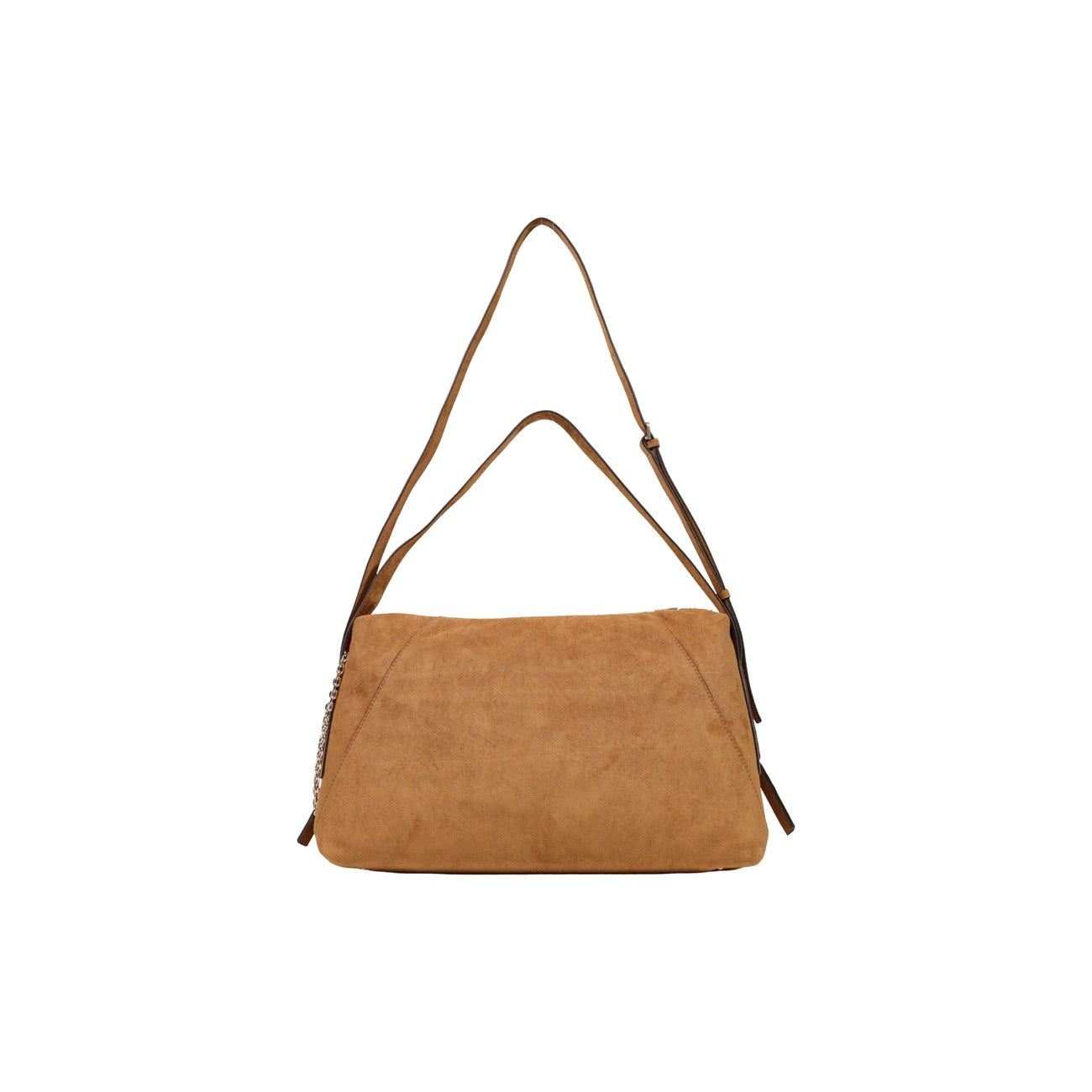 Borsa Tracolla Marrone Guess Coleen; Tessuto 100% poliestere effetto scamosciato. Doppio manico regolabile per porto a spalla o a mano, ampio scomparto con zip. Logo a triangolo e charm metallico, stile casual-luxury 4 stagioni. Vista posteriore 