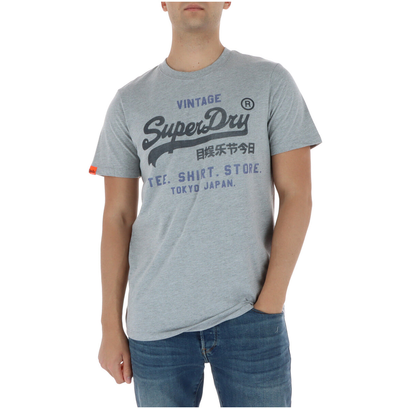Superdry Vintage Logo Tee; stampa effetto craquelé, 100% cotone, vestibilità classica. La t-shirt grigia originale Superdry dal sapore vintage. Vista frontale 