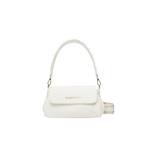 Borsa Piccola Bianca Donna Valentino Bags Dea; Misure 10x16x8 cm. Tessuto 100% poliuretano con chiusura a patta e cerniera interna. Doppia tracolla rimovibile con borchie e logo in metallo dorato lucido, stile elegante 4 stagioni. Vista frontale 
