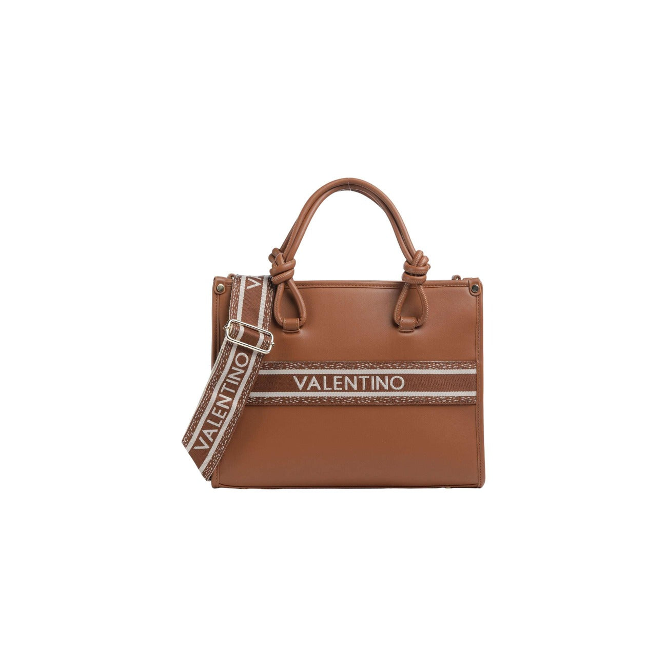 Borsa Valentino Bags VBS9ZW04; 100% poliuretano eco-friendly. Silhouette strutturata, manici a nodo, tracolla logata a contrasto. Shopping bag media capiente, resistente e di tendenza. Colore marrone 