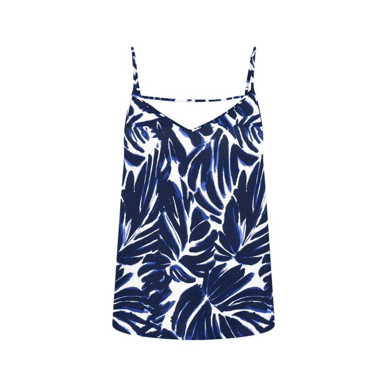 Canotta Only Blu; Stampa Astratta. 100% Viscosa, spalline sottili, scollo a barchetta morbido. Top estivo leggero e traspirante. Stile casual-raffinato. Stesa frontale 