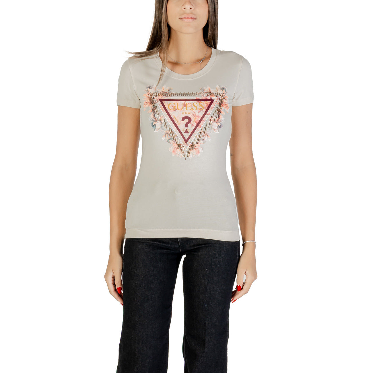 T-shirt Guess FLORALES LOGO donna beige con stampa maniche corte scollo tondo - vista frontale indossata da modello