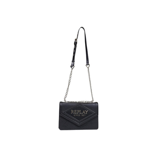 Borsa tracolla Replay nera logo metallo FW01CL.000.A7243S. Borsa piccolamedia da donna nera in ecopelle martellata e liscia con logo 3D in rilievo, tracolla catena dorata o argentata regolabile e chiusura cerniera, borsa elegante da sera e tempo libero 4 stagioni.