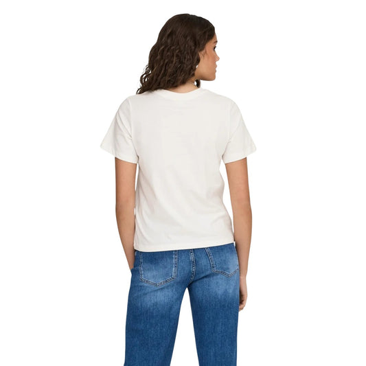 JDYPisa S/S Print Top; 100% cotone, ricamo cuore minimalista, colore bianco. La t-shirt basic essenziale con un tocco femminile. Vista posteriore 