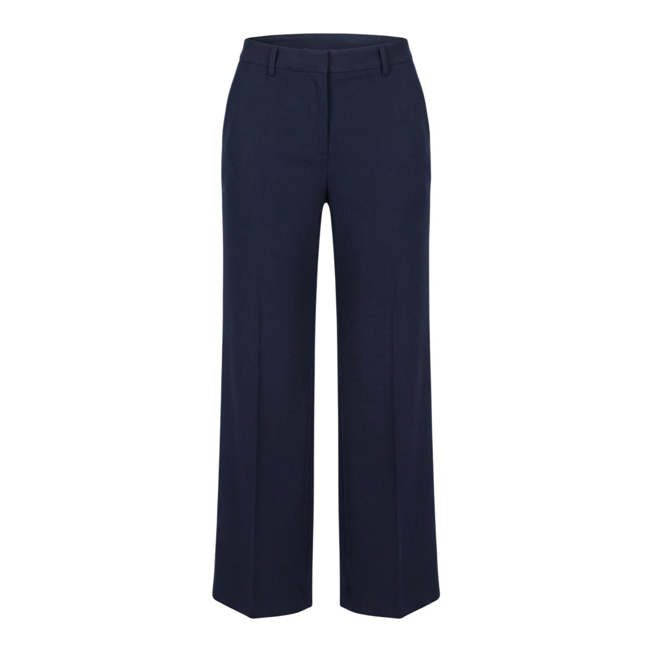 Pantalone I AM Wide Leg; 88% Poliestere, 12% Elastan. Blu Navy, piega centrale, chiusura zip/gancio. Pantaloni donna eleganti e traspiranti, Made in Italy. Vista frontale stesa 