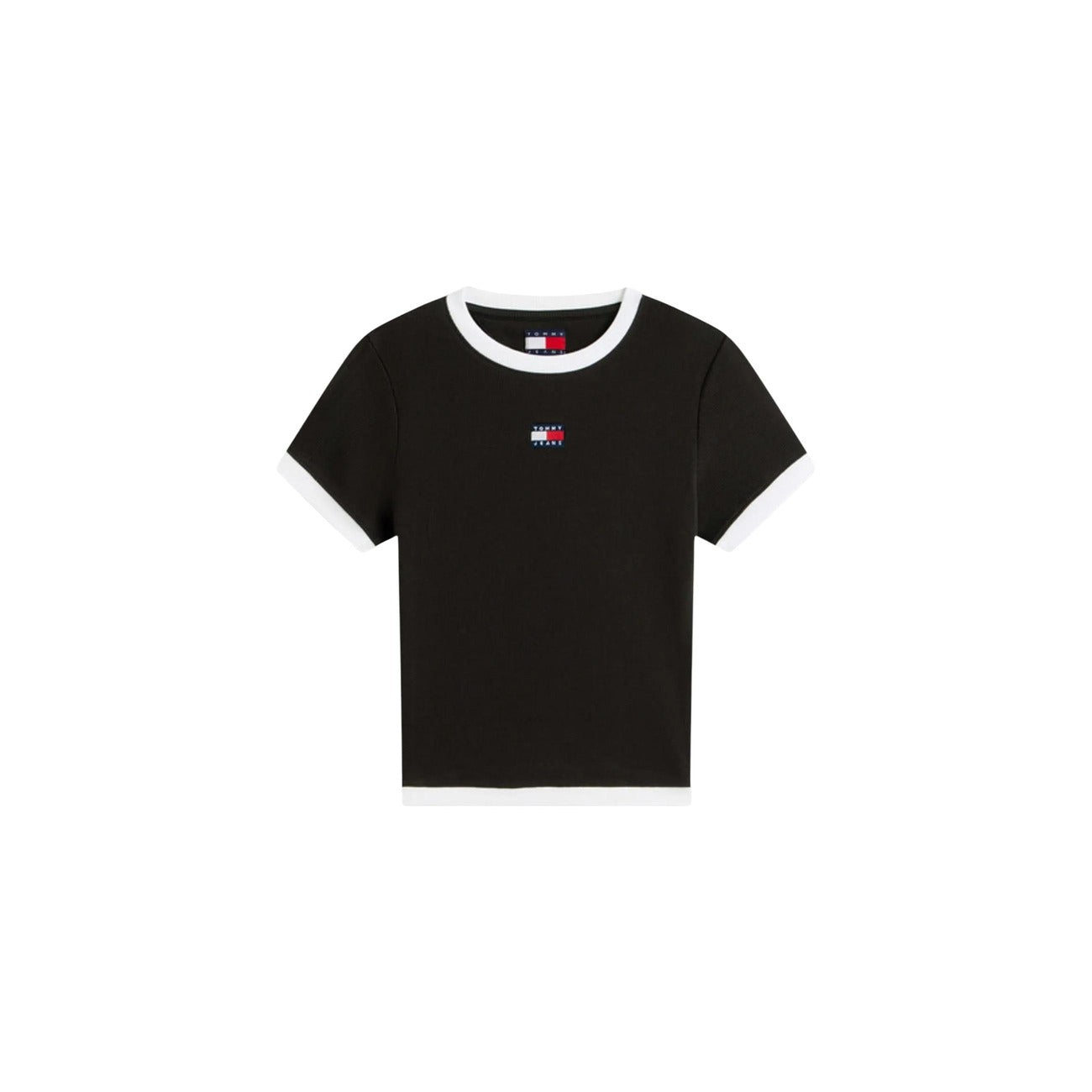 T-shirt a coste Tommy Jeans; cotone stretch, slim fit, bordi a contrasto, distintivo logato. Stile 90s iconico e vestibilità flessibile. Colore nero. Vista frontale stesa 