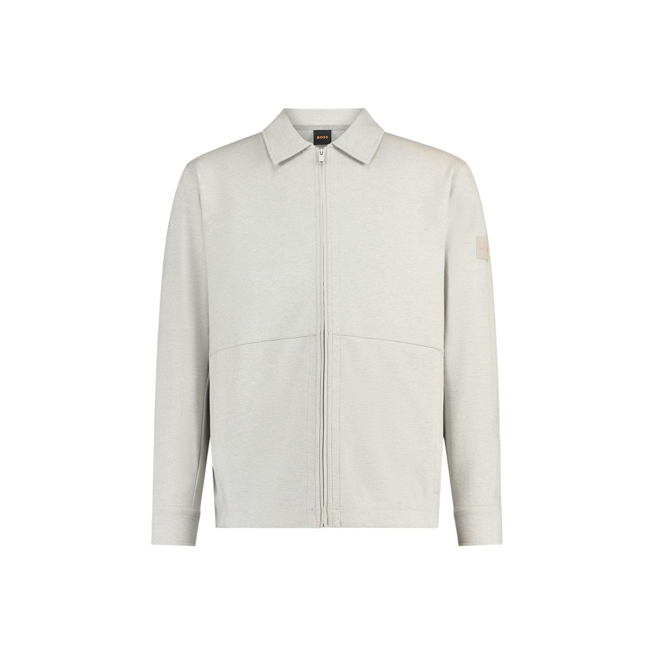 Felpa con zip Boss Pe_Twist, modello senza cappuccio con colletto classico, logo discreto sulla manica e composizione in cotone elasticizzato. Vista frontale stesa 