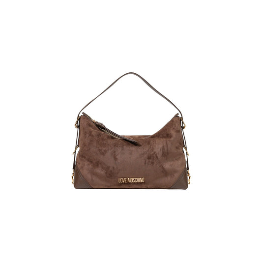 Borsa Love Moschino donna marrone spalla modello JC4090PP. Borsa grande a sacco color marrone cioccolato in tessuto morbido effetto velluto e rifiniture in ecopelle, con manico regolabile, dettagli e scritte logo in metallo oro, stile casual e chic.