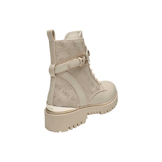 Stivaletti Guess donna bianco beige Olanna2 OLANNA2. Anfibi tacco alto e plateau in pelle sintetica chiara con lacci e cerniera, suola in gomma e logo 4G ricamato, collezione autunno inverno.