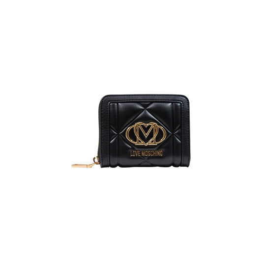 Portafoglio Love Moschino donna nero piccolo modello JC5641PP. Portatessere e portamonete compatto trapuntato nero con zip perimetrale oro stile elegante, classico e da borsa.
