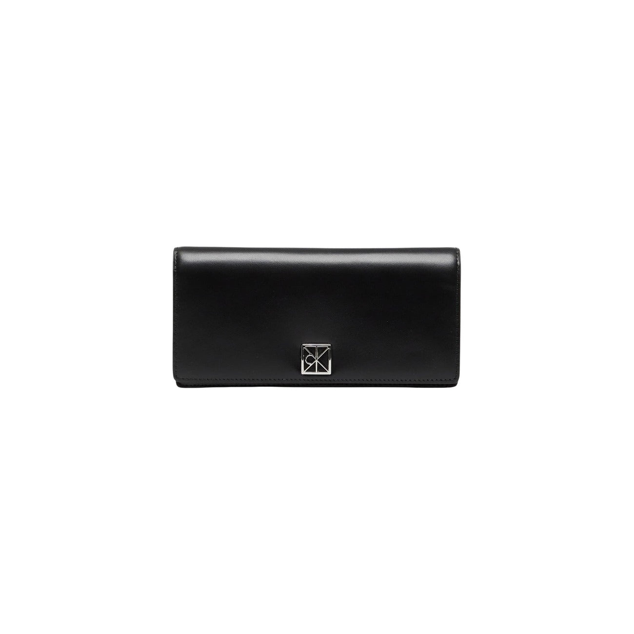Portafoglio CK Bi-fold Monogram; pelle premium nera, slot carte multipli, chiusura con bottone automatico. L'accessorio essenziale che unisce lusso e funzionalità. Colore nero. Vista frontale 