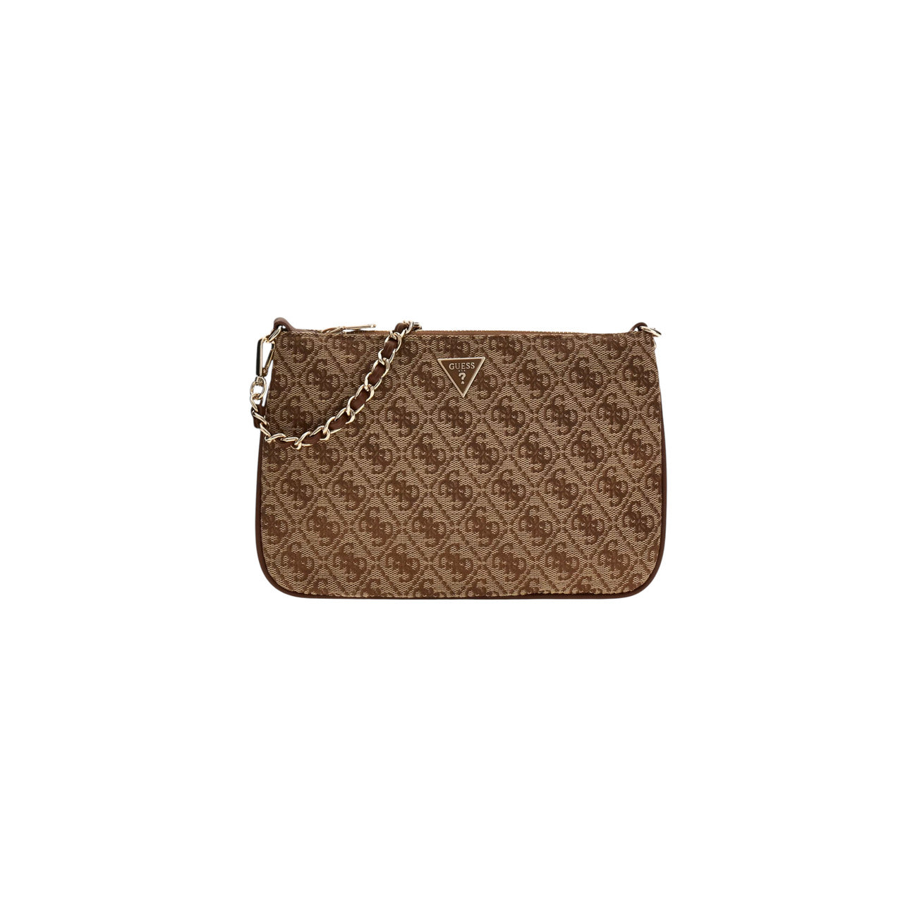 Pochette Guess marrone logo Flat Pouch PW7561 P6274. Borsa a mano e a spalla piccola grigia con motivo logo Guess all-over, placchetta a triangolo e tracolla a catena, borsa da sera e casual chic 4 stagioni.