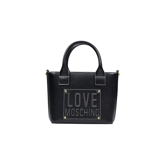 Borsa Love Moschino donna nera a tracolla modello JC4086PP1. Borsetta piccola nera a mano e a spalla con doppi manici corti, tracolla removibile, logo in rilievo con inserti metallici oro sul davanti e chiusura con zip, stile casual chic ed elegante.