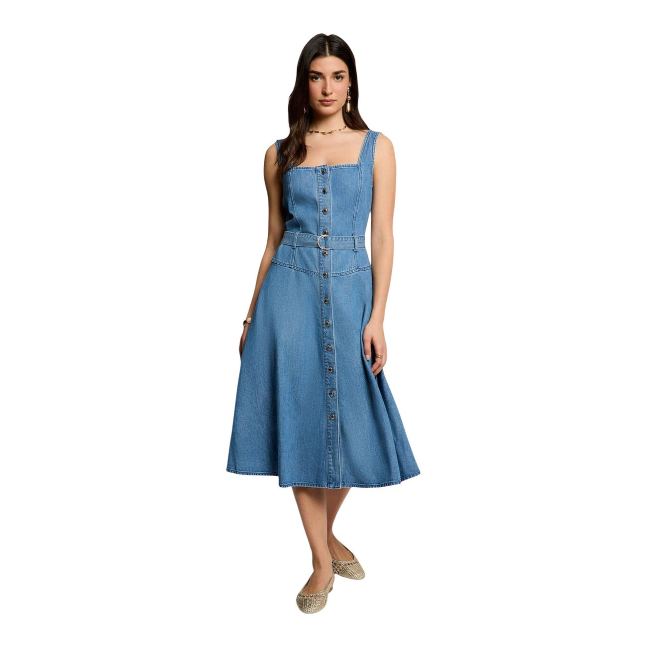 Vestito Lungo Morgan De Toi Rablai; Blu, 70% Lyocell e 30% Cotone. Chiusura con bottoni, cintura con fibbia, linea svasata. Leggero, traspirante e chic. Stile Primavera/Estate. Vista frontale 