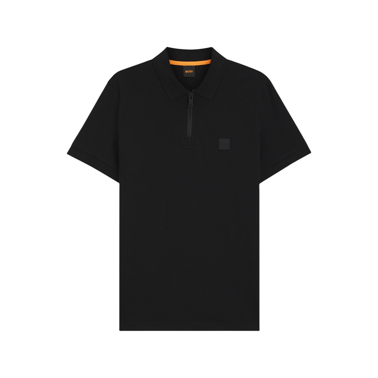 BOSS Passerzip Polo 10256683; 95% cotone, 5% elastan, chiusura zip, logo ricamato. La polo moderna, versatile e confortevole per ogni occasione. Colore nero vista frontale Stesa