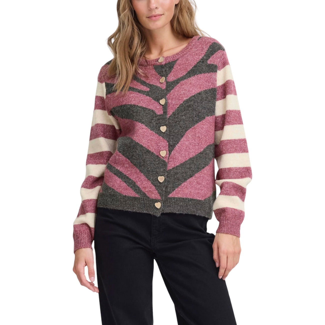 Ichi Cardigan Donna Fucsia Righe Bottoni Manica Lunga Scollo Tondo Poliestere Viscosa Autunno Inverno 20124480