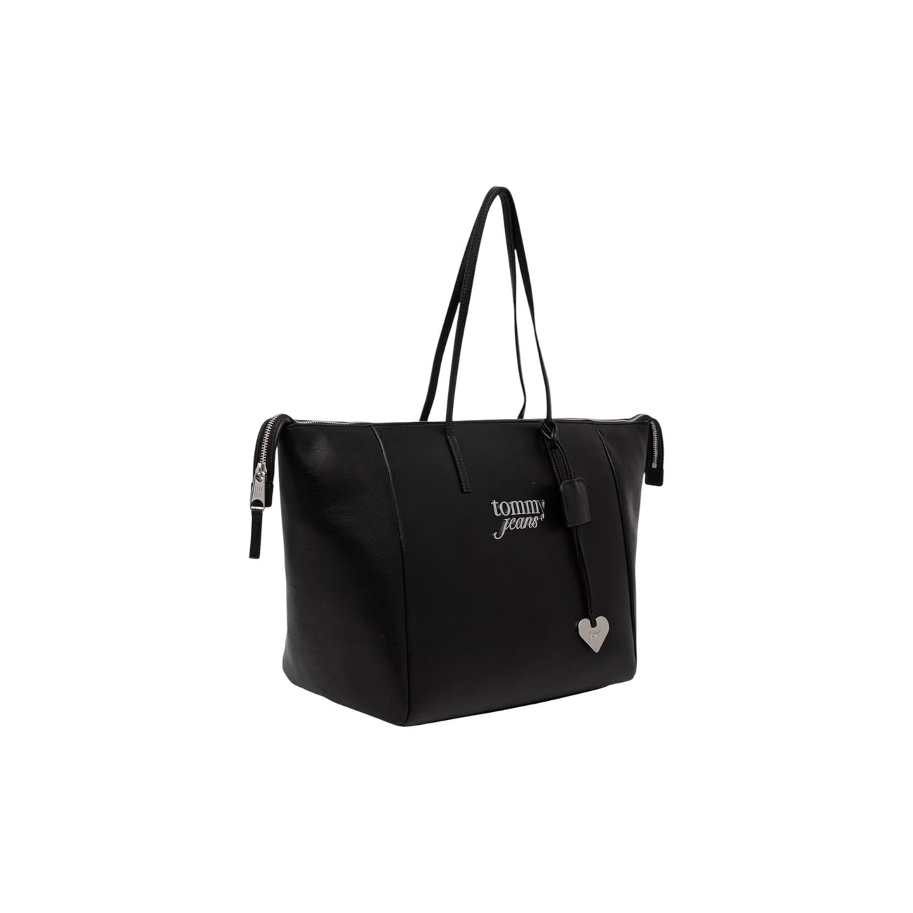 Borsa Shopper Grande Tommy Hilfiger TJW; Nero. 100% Poliuretano effetto pelle, chiusura con zip superiore, doppi manici a spalla, logo ricamato e charm a cuore metallico. Misure maxi e profonde (33,5x30x20 cm). Frontale laterale 
