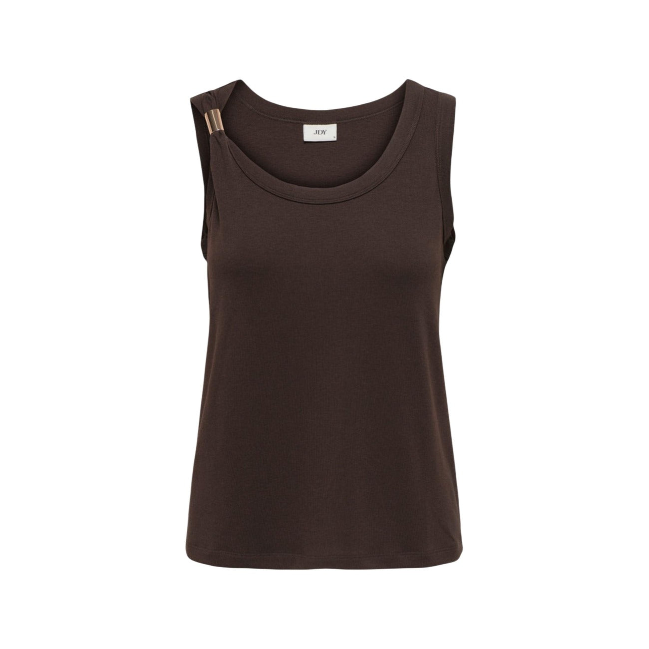 Top JDY Jdyuffa Marrone; Jersey di Viscosa e Poliestere. Dettaglio metallico spalla sinistra, scollo tondo, senza maniche. Tessuto morbido e flessibile, stile casual-chic per Primavera/Estate. Vista stesa frontale 
