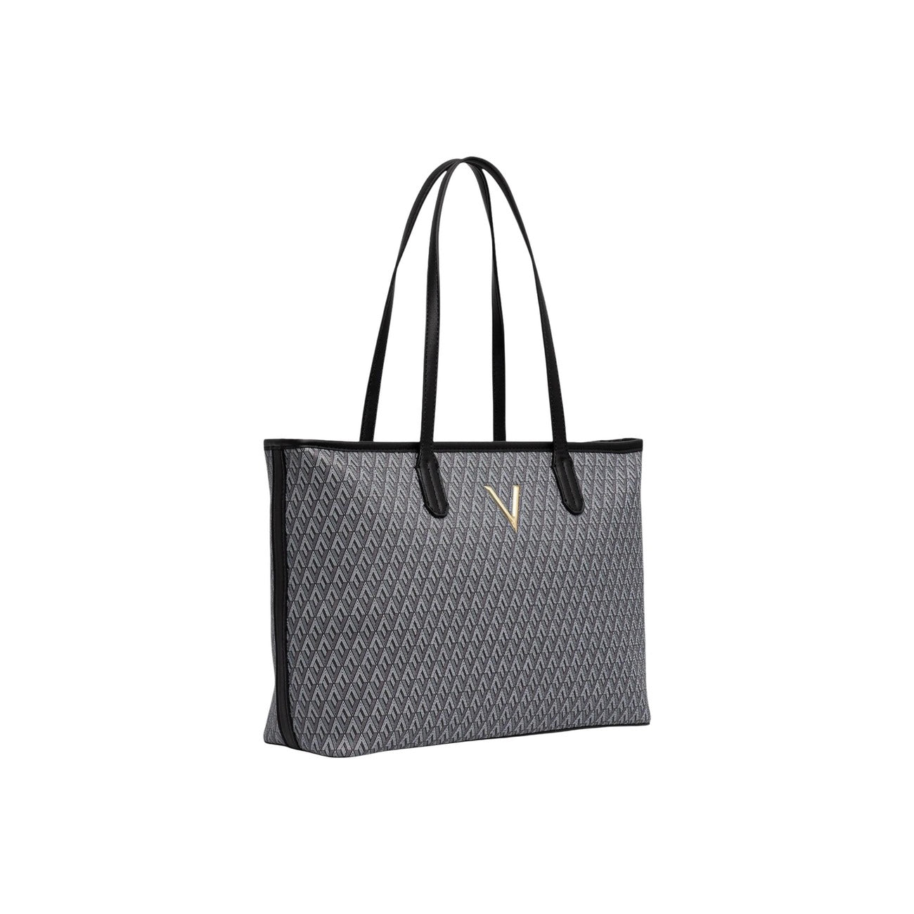 Valentino Bags Queen Re VBS9OX01, borsa nera shopping grande con pochette interna; stampa monogramma, chiusura con zip e finiture metalliche dorate, capiente e resistente. Vista frontale Laterale 