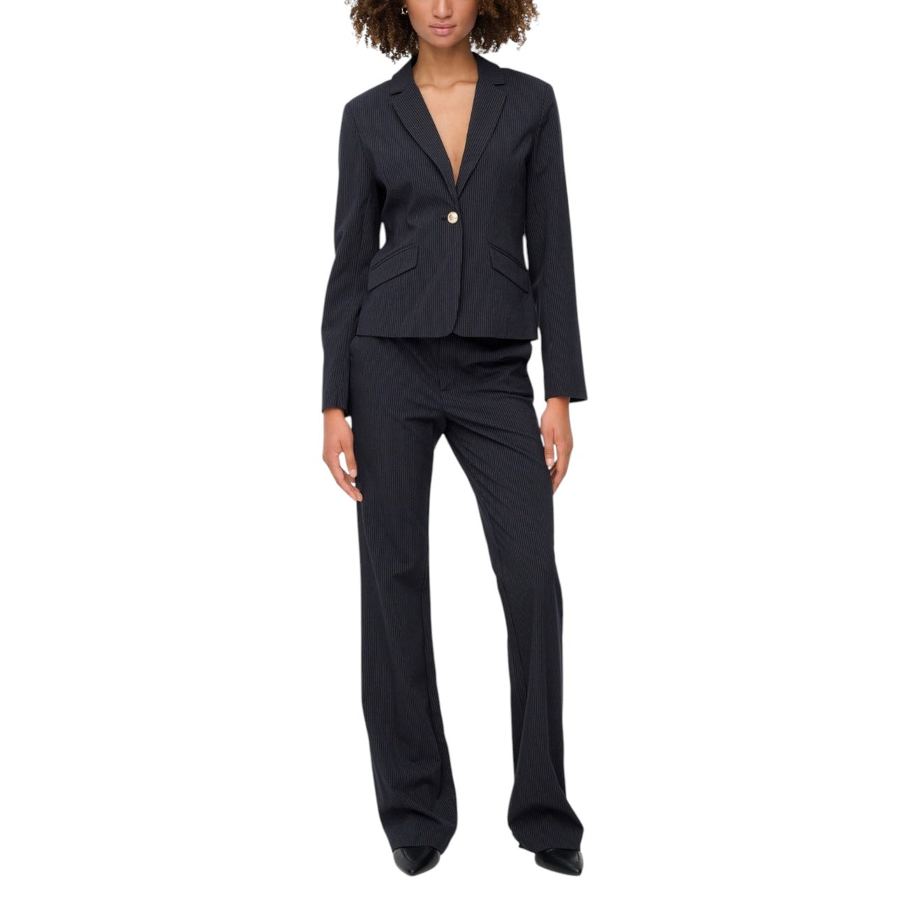 Only Giacca Donna Blu a Righe con Bottone Maniche Lunghe - Giacca Poliestere Viscosa Elastan Scollo V Profondo