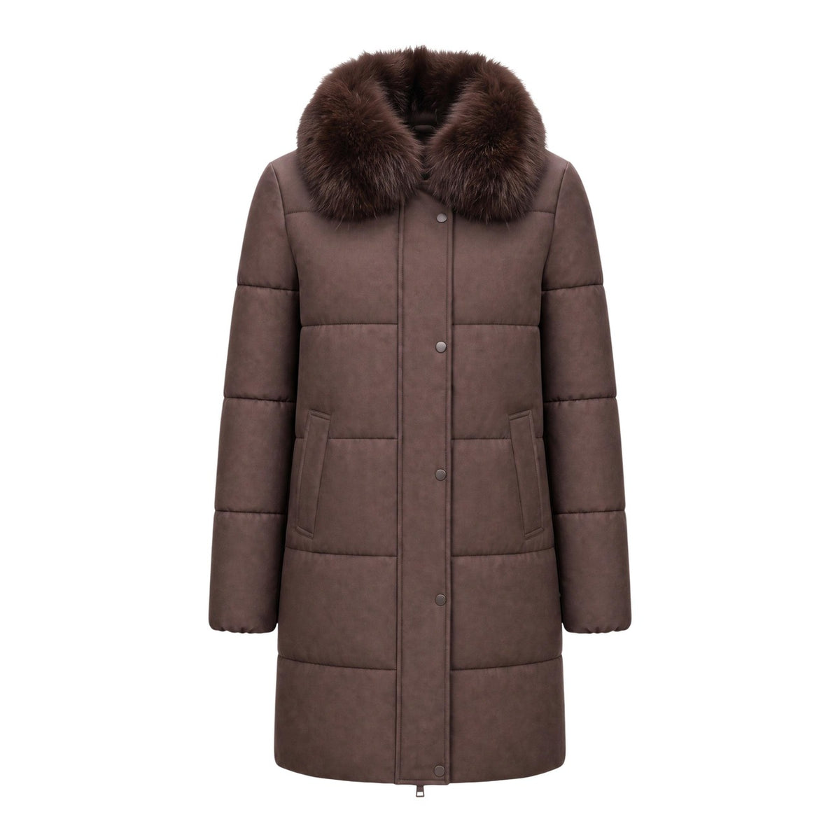Piumino lungo donna Choral marrone – Cappotto trapuntato con cappuccio pelliccia SLI6GC026281D.