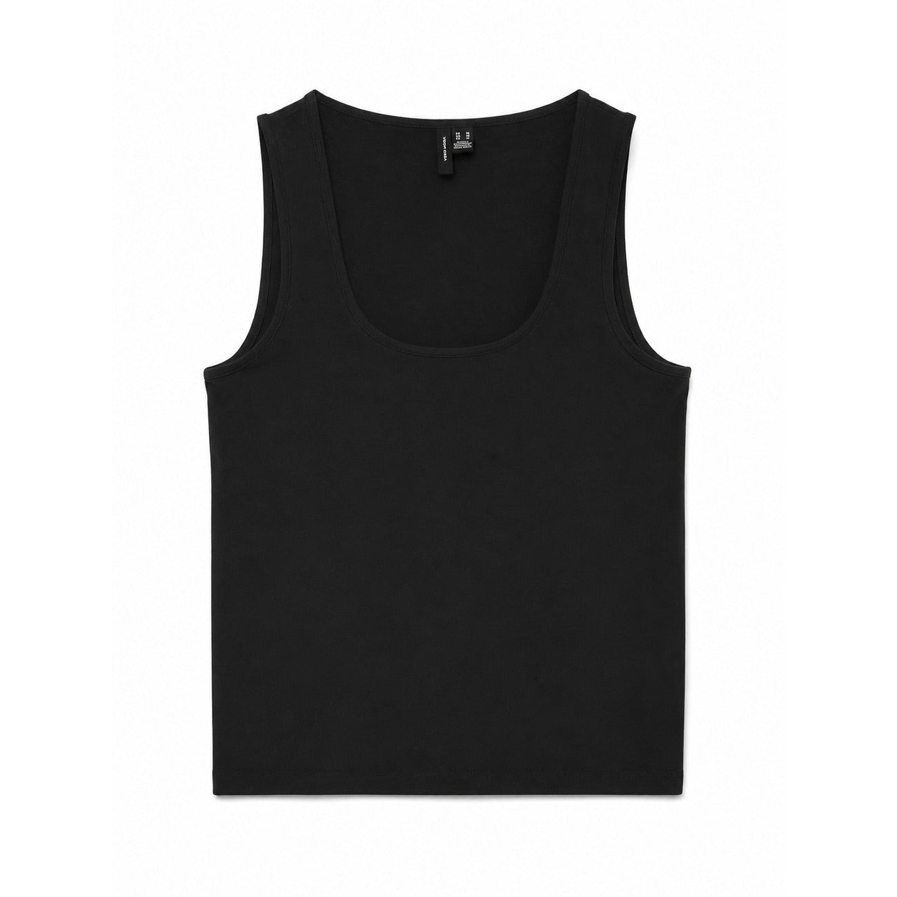 Canotta Donna Nera Vero Moda; T-shirt senza maniche in lyocell ed elastan. Scollo a U, vestibilità regolare, tessuto setoso ed ecologico per la primavera-estate. Vista stesa