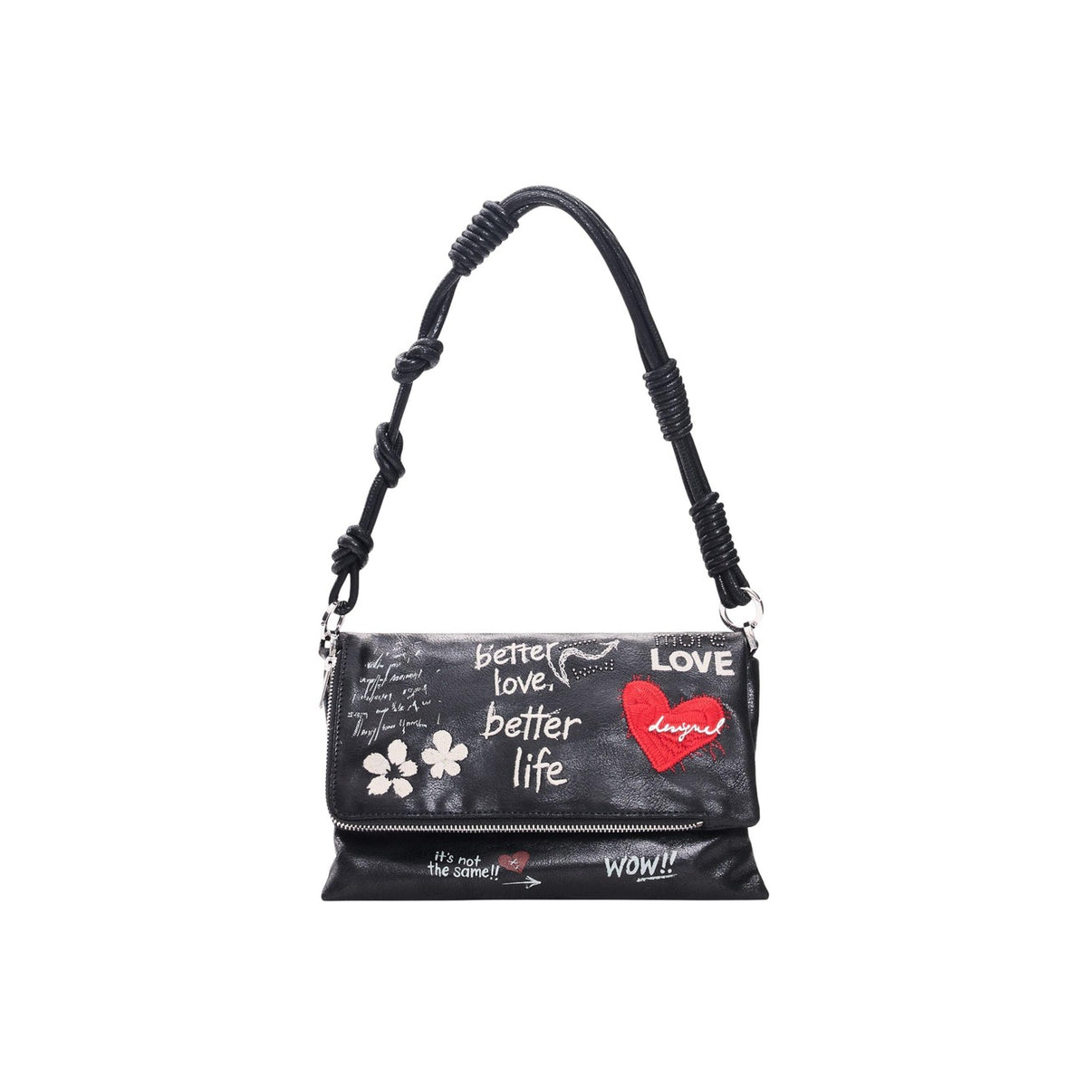 Borsa a tracolla nera donna Desigual con stampe grafiche – Borsa effetto pelle con charm cuore Desigual 26WAXP39.