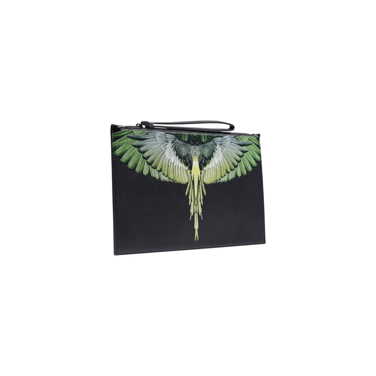 Pochette County of Milan Wings; ecopelle premium, stampa ala grafica, chiusura zip, laccetto da polso. L'accessorio urban essenziale. Vista frontale 