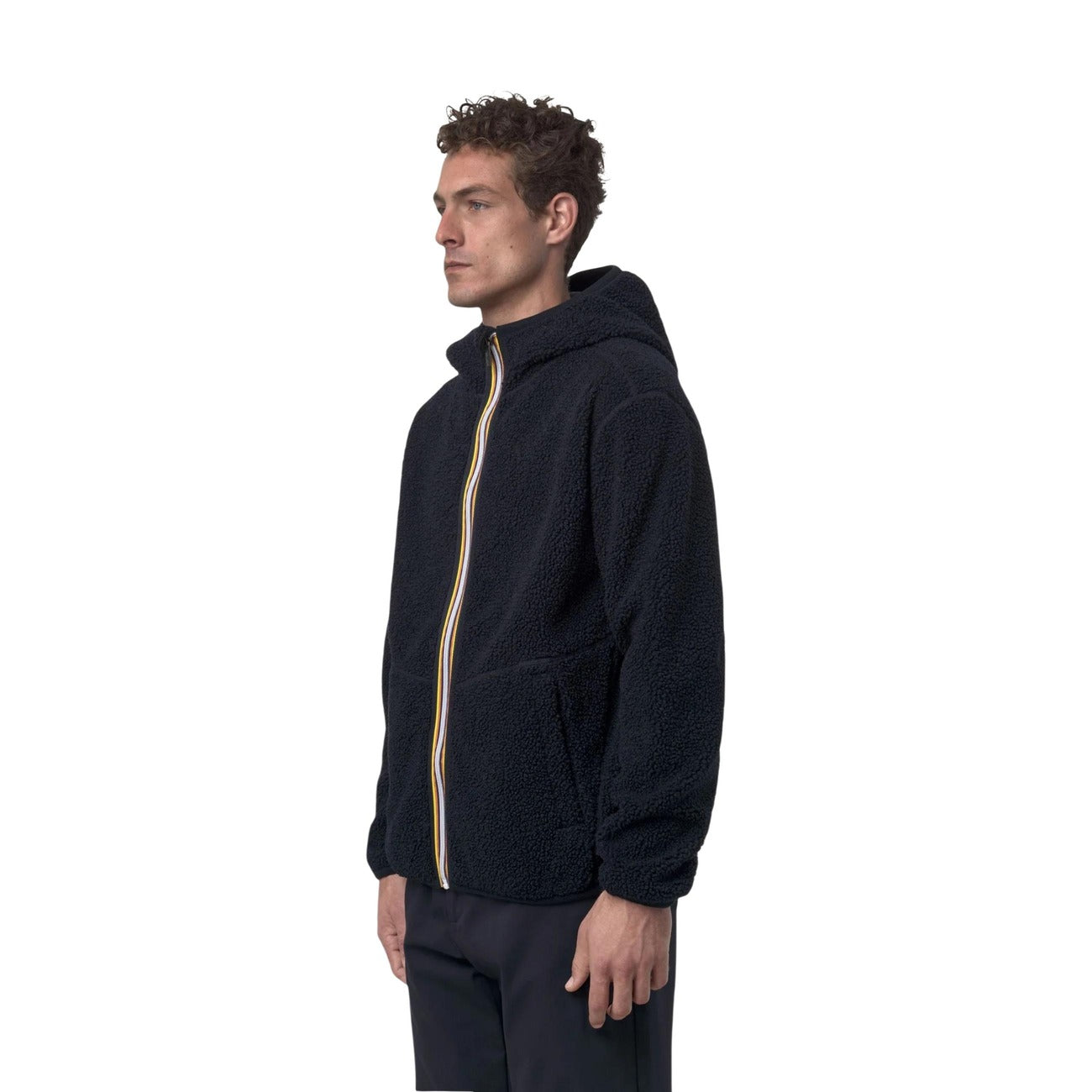 Pile reversibile K-Way Jack uomo blu K3132NW. Giacca con cappuccio e cerniera zip da uomo 2 in 1 con tessuto orsetto sherpa da un lato e pile polare liscio dall'altro, con tasche e bordo elastico, abbigliamento autunno inverno.