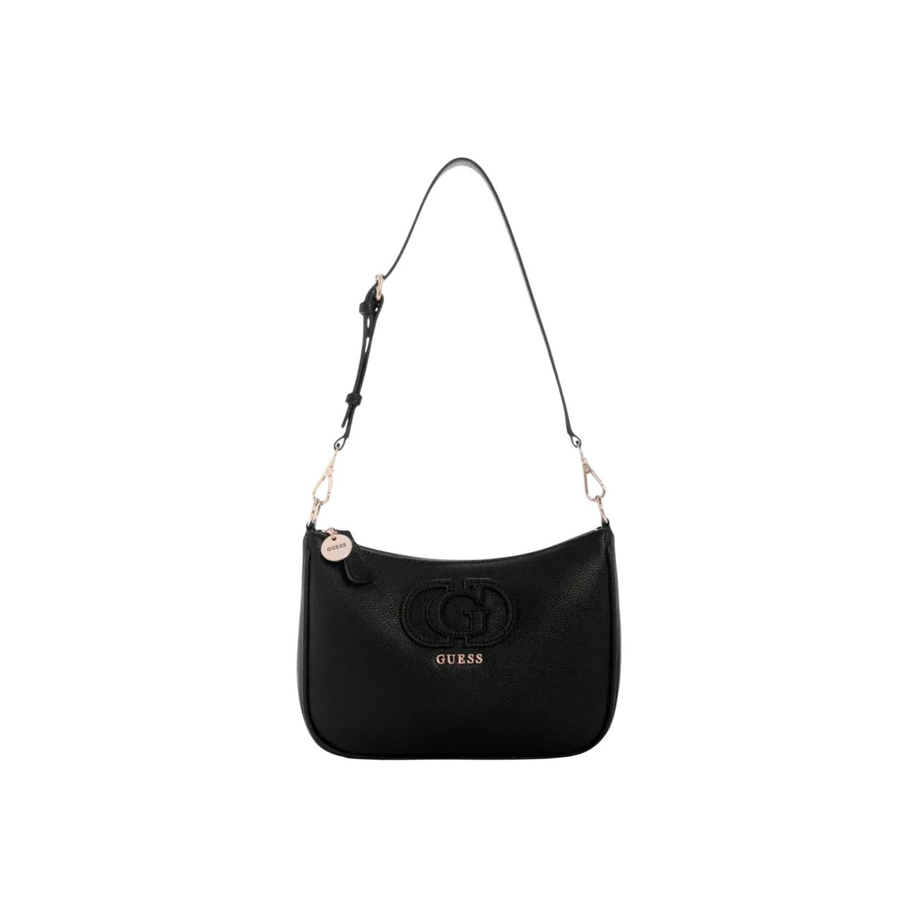 Guess Isola Shoulder Bag nero HWBG99, borsa media con chiusura a zip e logo gold; struttura resistente e design pulito con interni organizzati e dettagli metallici dorati. Vista frontale 