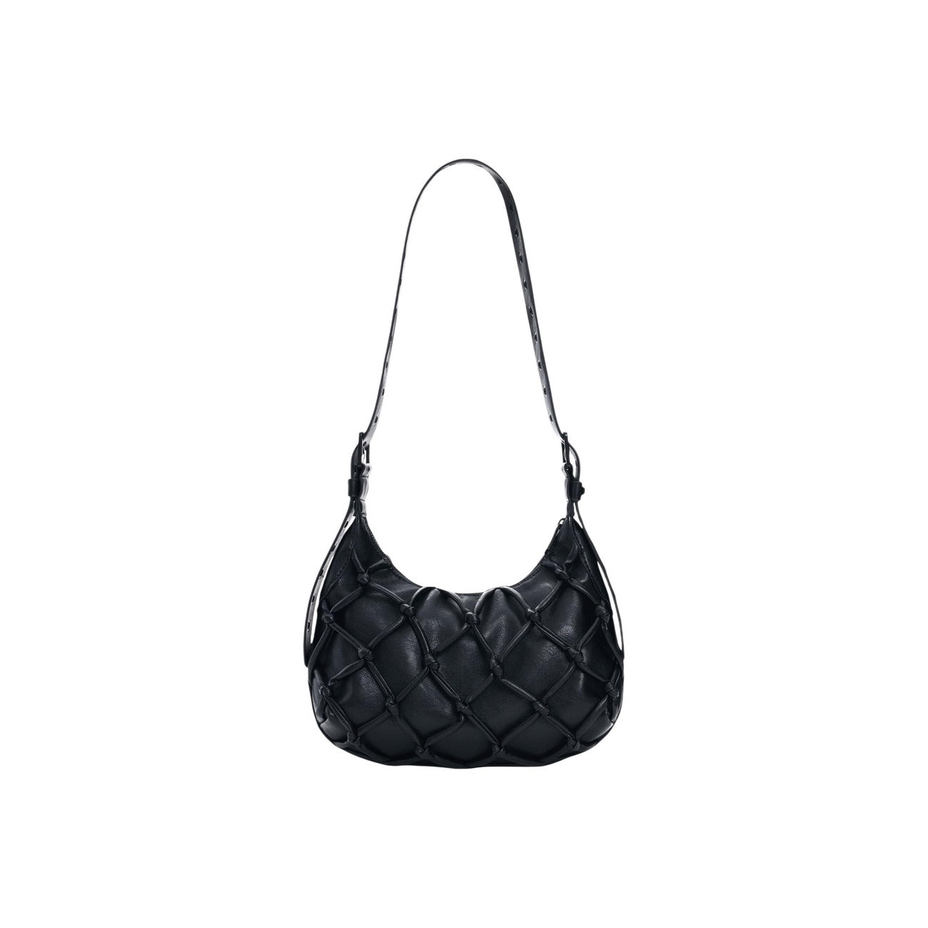 Borsa piccola con tracolla estensibile, applicazioni di fiori e dettagli di linee in stile rete, con effetto pelle a forma di rombo. Collezione SS26 Vista posteriore 