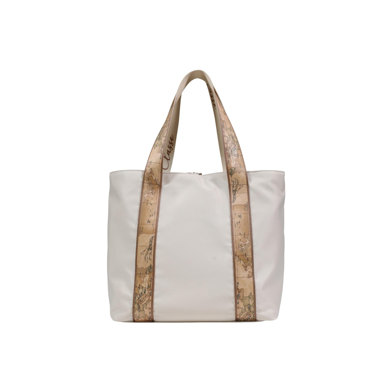 Borsa reversibile Alviero Martini Dual Bag; Nylon e tessuto soft Geo Classic. Maxi logo 1C oro chiaro, chiusura con laccetti, manici logati. Colore Sabbia. Shopping bag capiente e trasformabile per la stagione estiva. Vista posteriore 